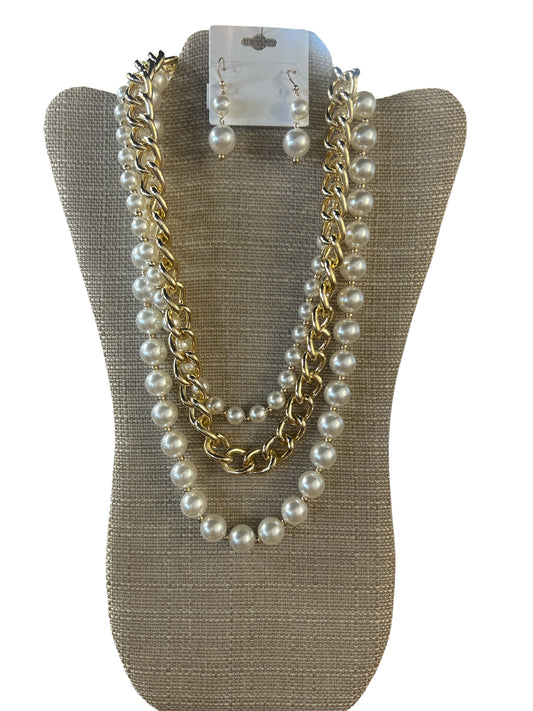 Double Pearl Necklace / w Earrings