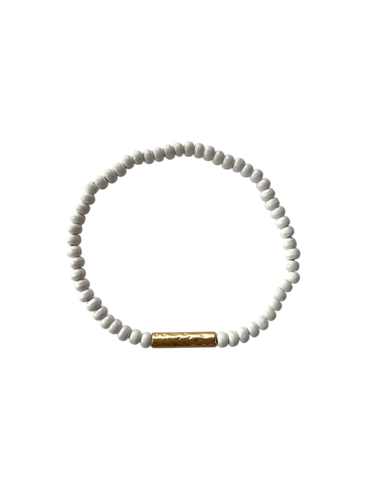 White Beaded Bracelets with Hammered Gold Bar