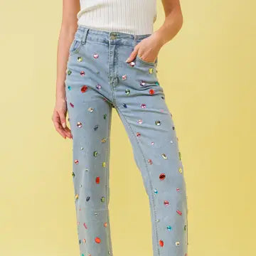 Mid Rise Rainbow Jewel Embellished Jean