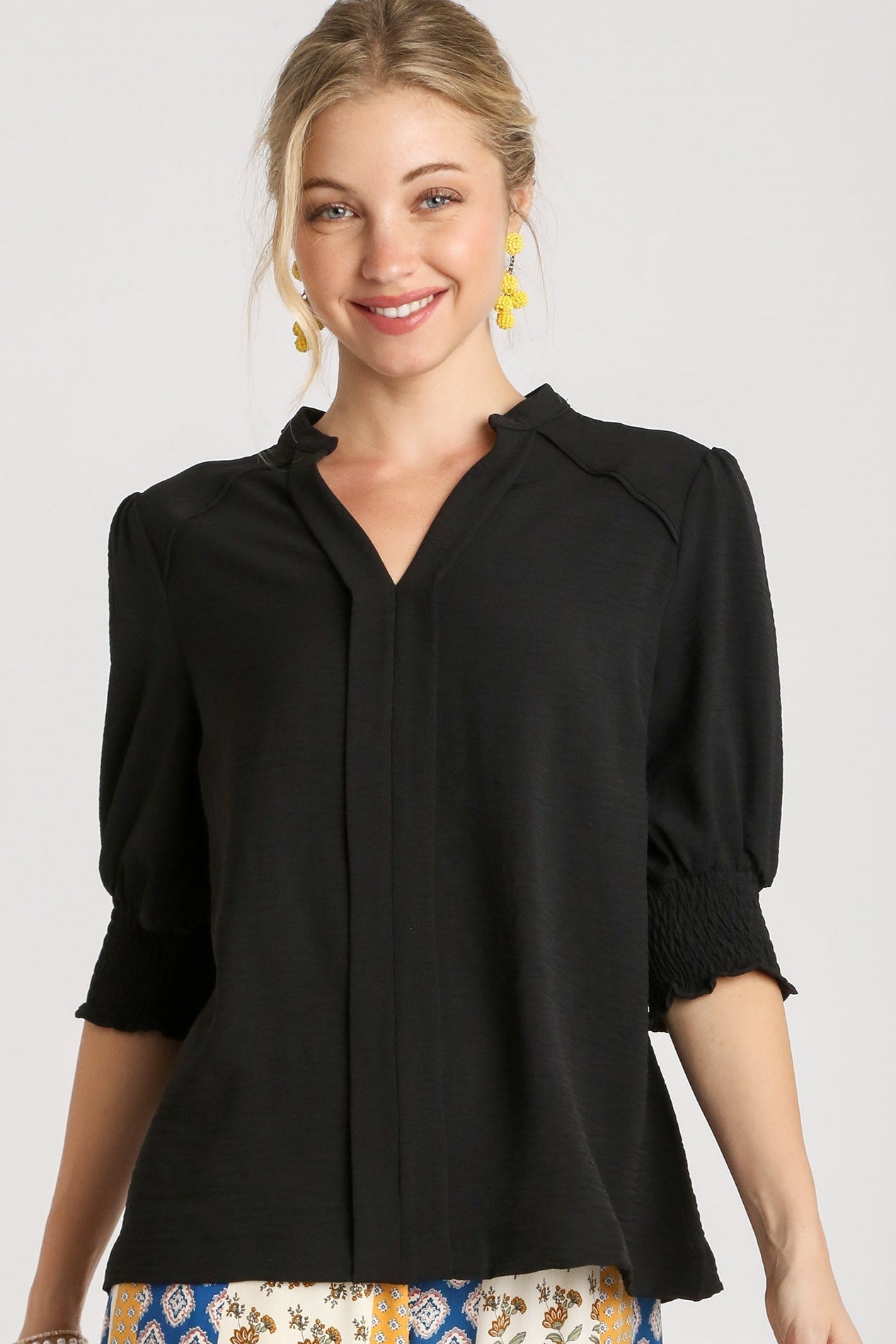 Black Smocked Cuff Blouse