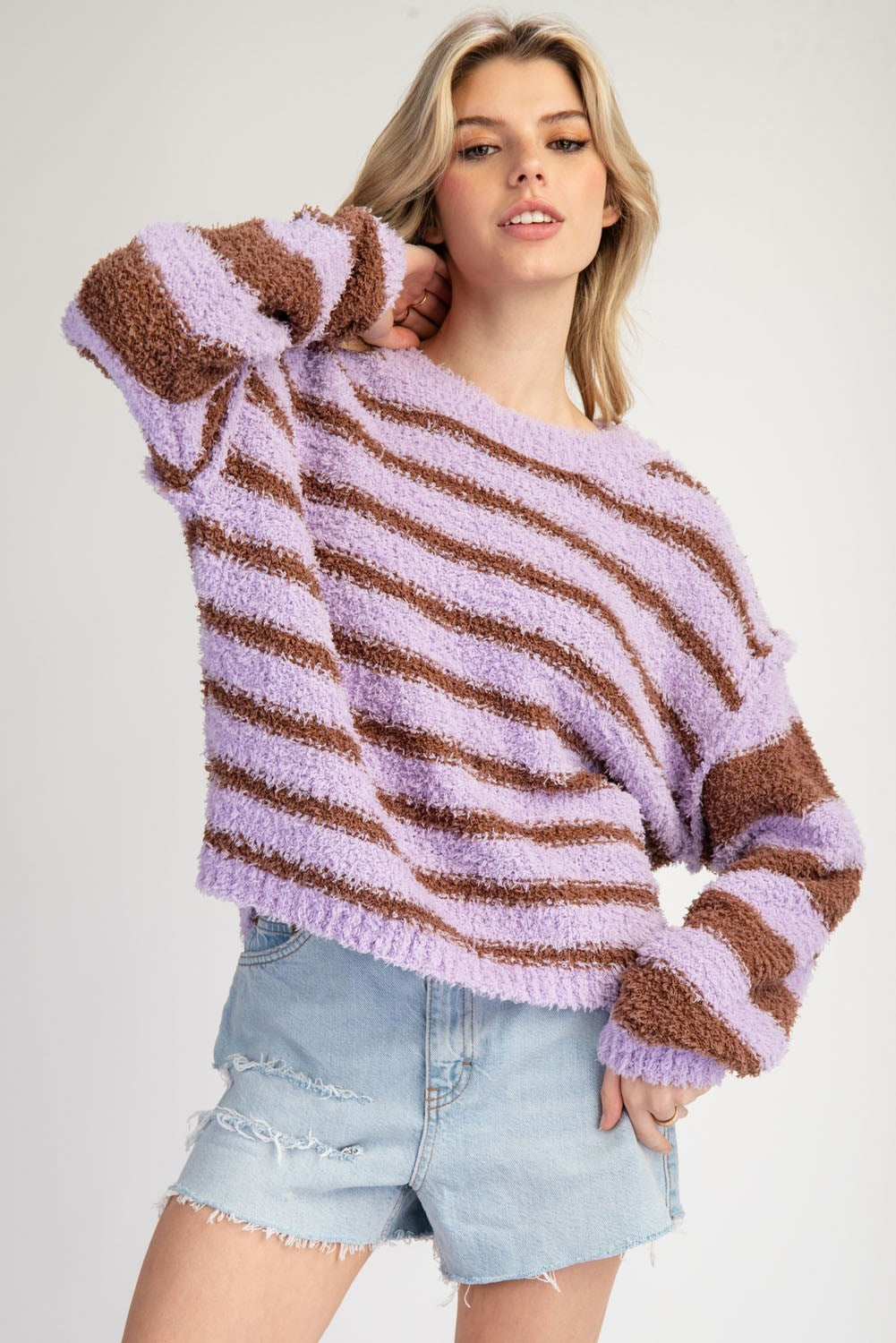 Striped Fleece Round Neck Sweater