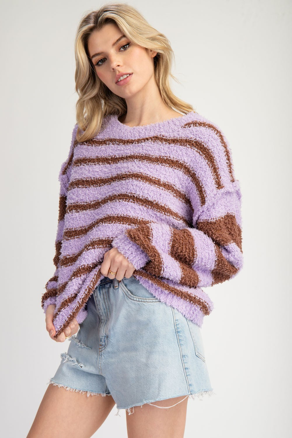 Striped Fleece Round Neck Sweater