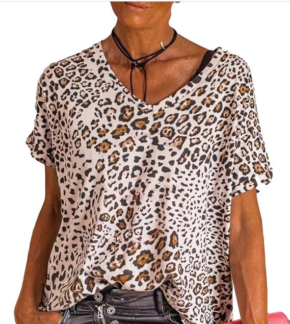 Leopard Print Loose Fit V Neck T Shirt