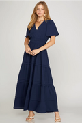 Navy Half Sleeve Surplice Pintuck Maxi Dress