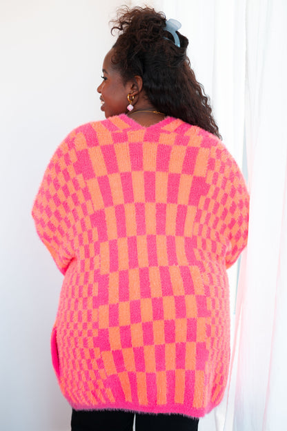 Noticed in Neon Checkered Cardigan in Pink and Orange