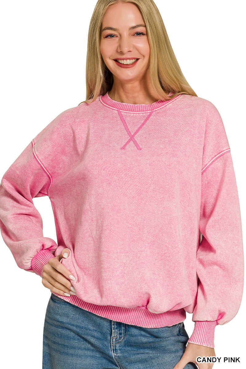 Candy Pink Acid Wash Fleet Sweatshirt