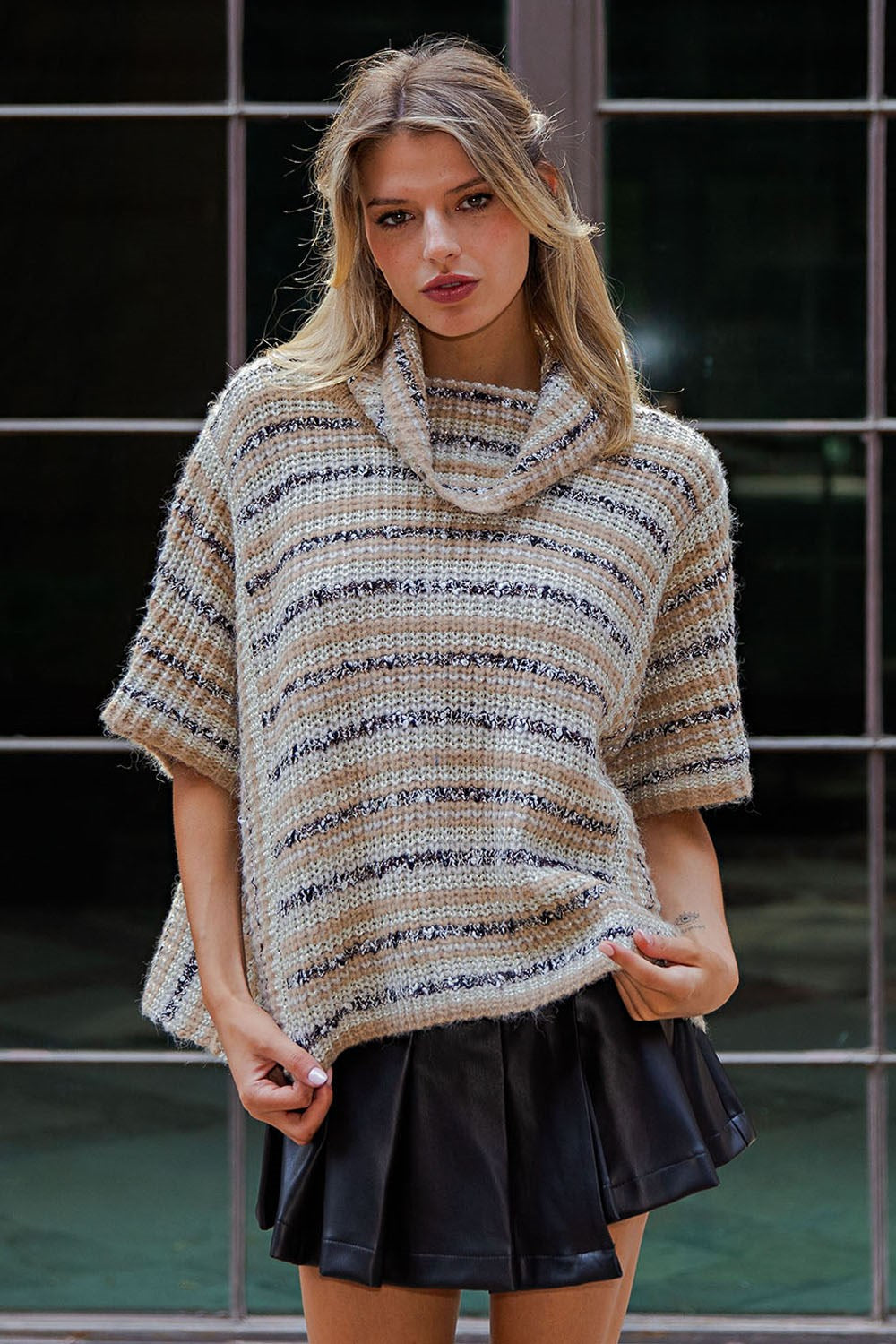 Striped Boucle Short Sleeve Turtleneck Sweater