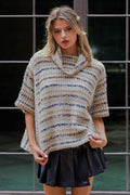 Striped Boucle Short Sleeve Turtleneck Sweater