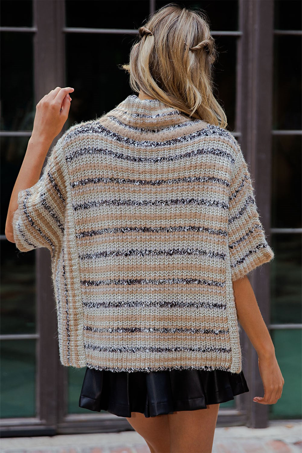 Striped Boucle Short Sleeve Turtleneck Sweater