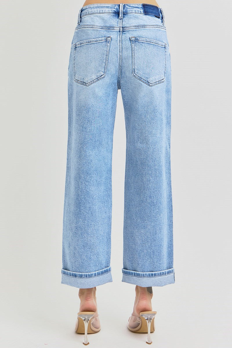 Risen Mid Rise Ankle Boyfriend Turn Up Cuffed Jeans - Dark