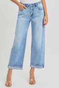 Risen Mid Rise Ankle Boyfriend Turn Up Cuffed Jeans - Dark