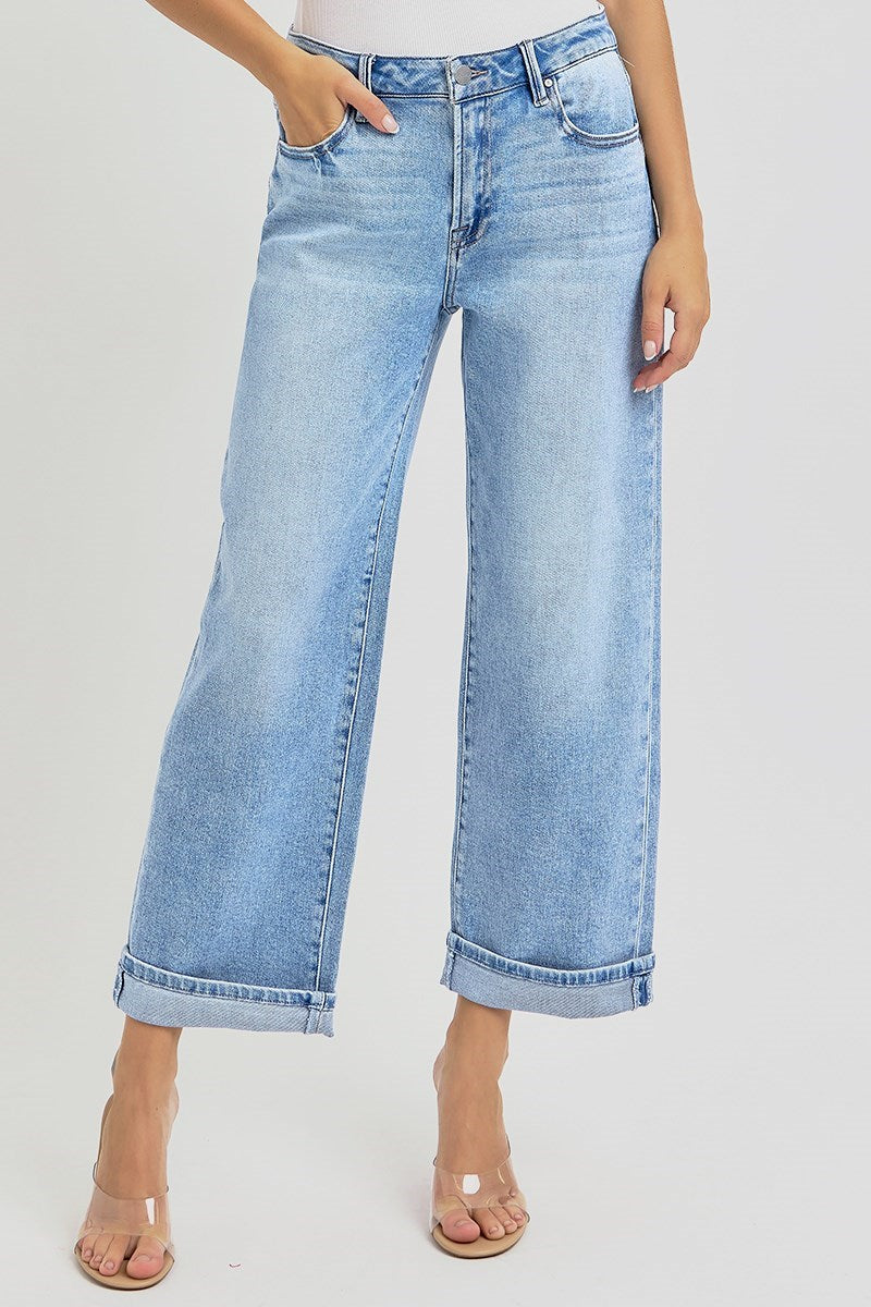 Risen Mid Rise Ankle Boyfriend Turn Up Cuffed Jeans - Dark