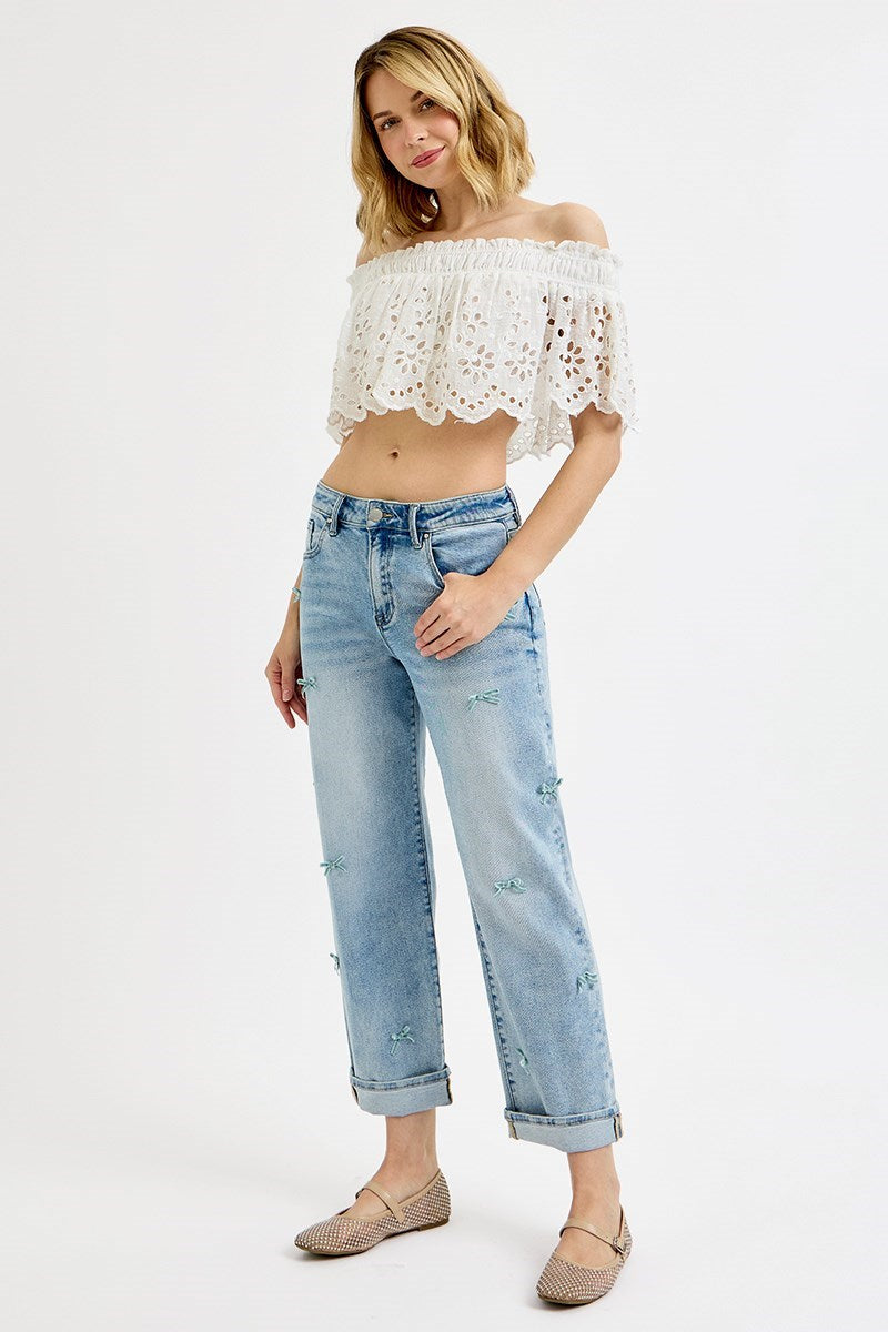 RISEN HR CROP BARREL RIBBON JEANS