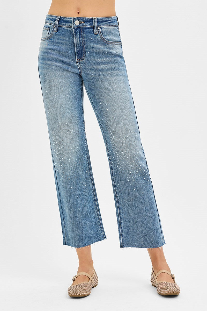 Risen HR Crop Straight Rhinestone Jeans