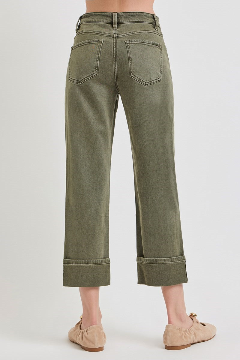 Risen Olive MR Cropped Straight Cuffed Jeans