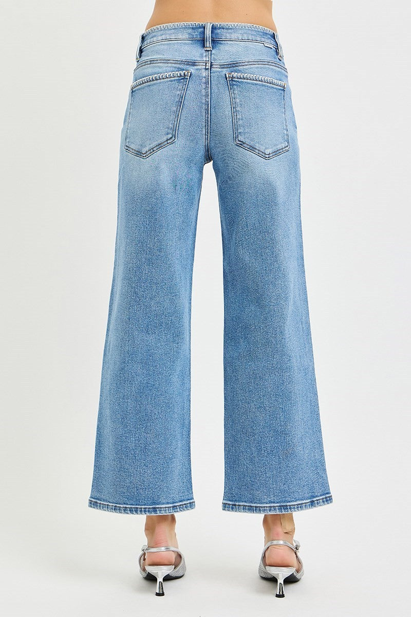 HR Crop Wide Jean w/Embroidered Detail