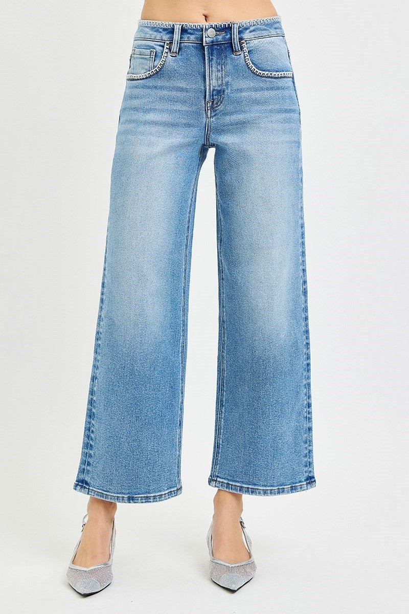 HR Crop Wide Jean w/Embroidered Detail