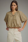 Plaid short puff sleeve top