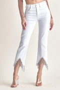 Risen White HR Rhinestone Fringe Straight Jeans