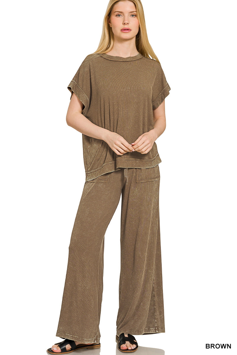 Brown Ribbed acid wash rayon top & pants set