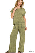 DK Olive Ribbed acid wash rayon top & pants set