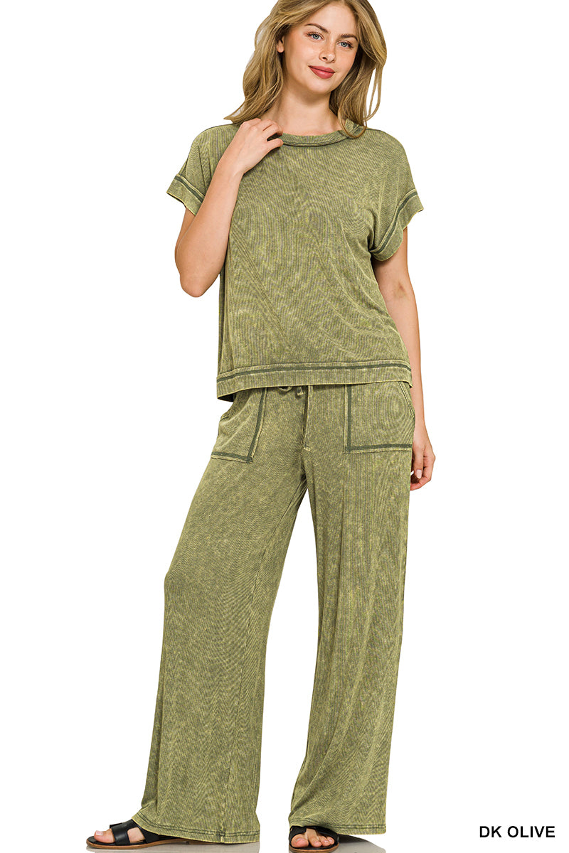 DK Olive Ribbed acid wash rayon top & pants set