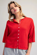 Solid Button Down Half Sleeve Cardigan - Red