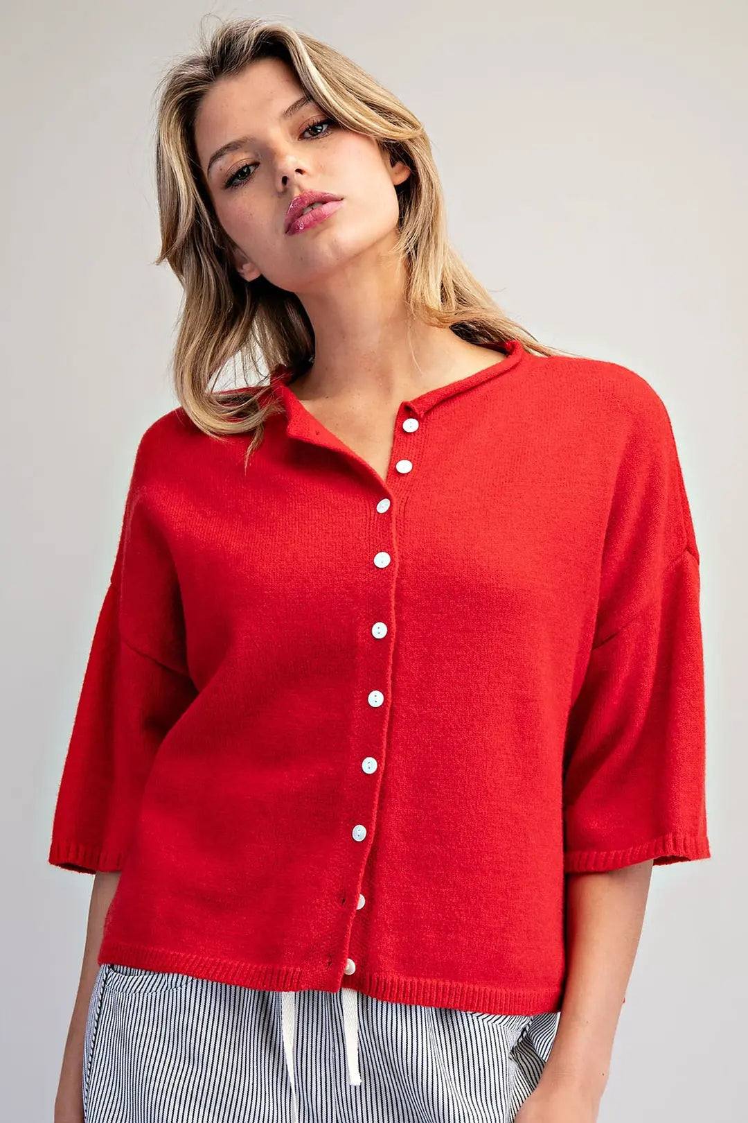 Solid Button Down Half Sleeve Cardigan - Red