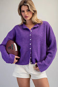 Solid Button Down Long Sleeve Cardigan - Purple