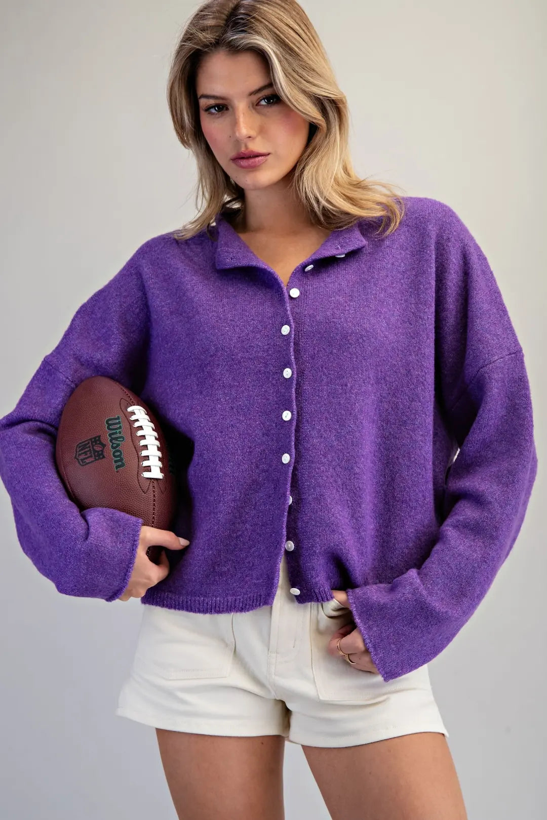 Solid Button Down Long Sleeve Cardigan - Purple