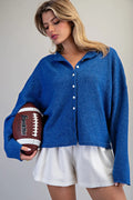 Solid Button Down Long Sleeve Cardigan - Royal Blue
