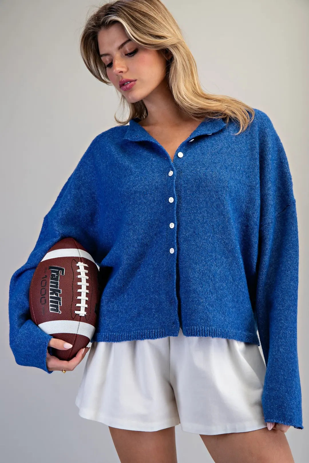 Solid Button Down Long Sleeve Cardigan - Royal Blue