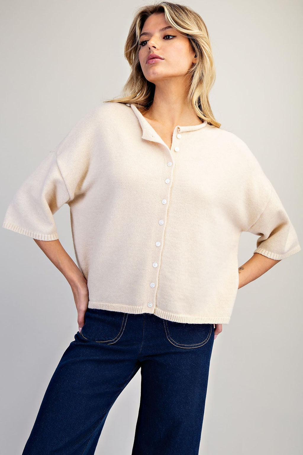 Solid Button Down Half Sleeve Cardigan - Sand