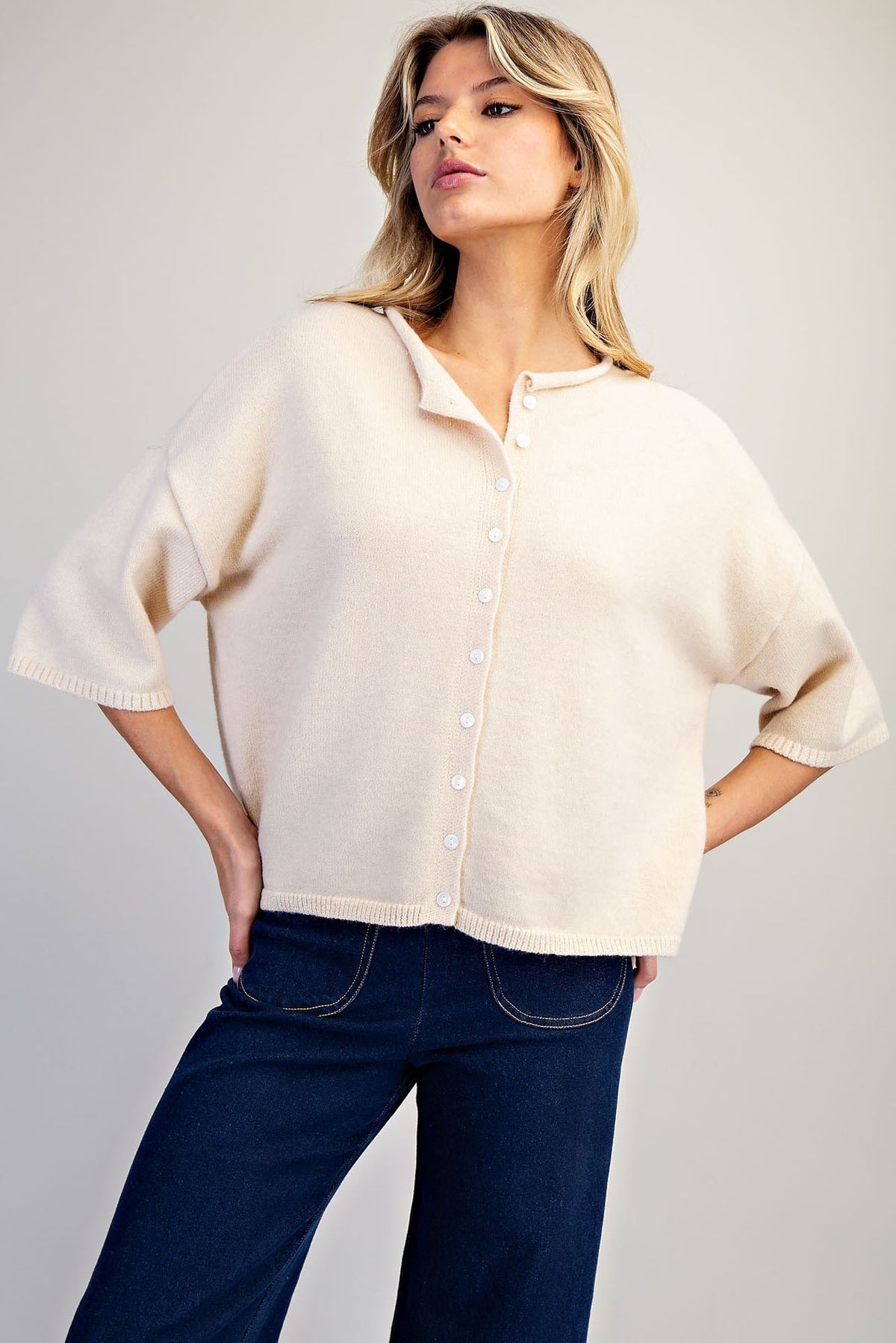 Solid Button Down Half Sleeve Cardigan - Sand