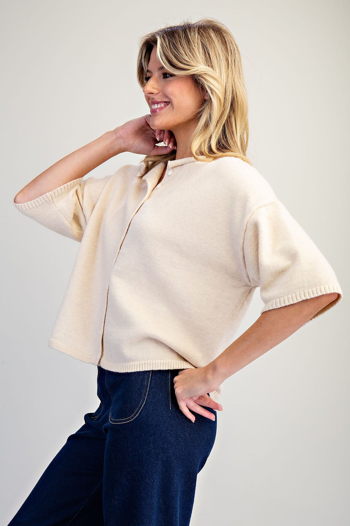 Solid Button Down Half Sleeve Cardigan - Sand
