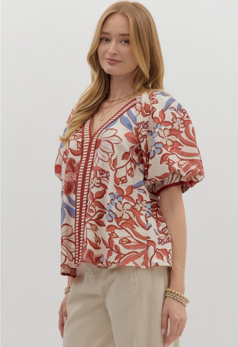 Deep Red Botanical Blouse