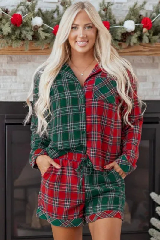 Red/Green Tartan Xmas 2pcs Lounge Set