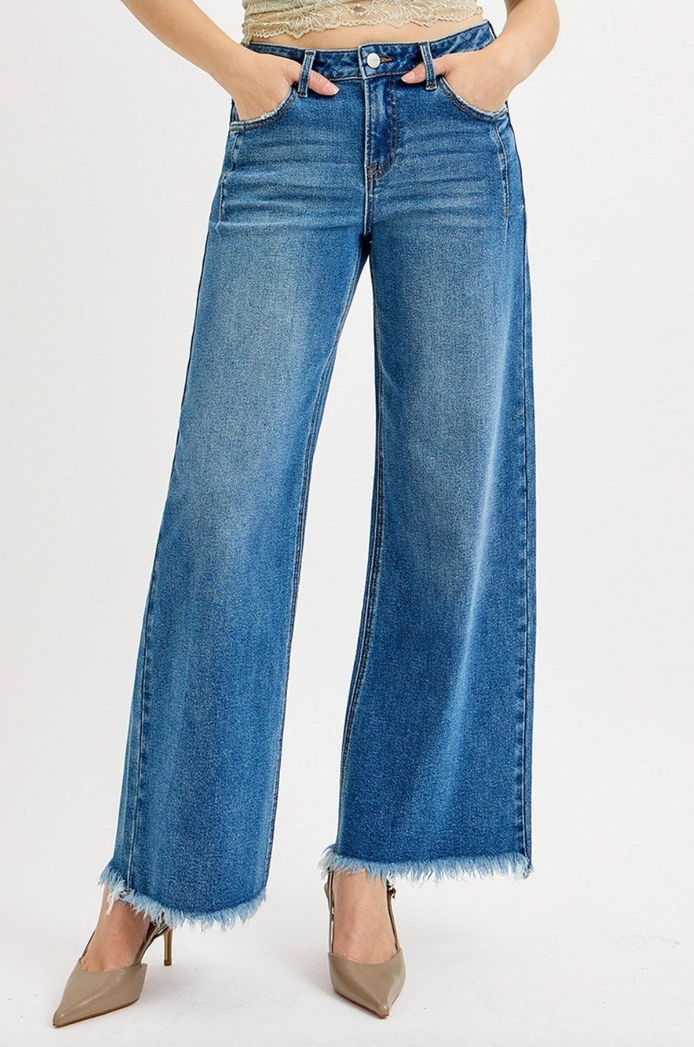 Dark Mid Rise Fit Wide Leg w/Fray Hem Jeans