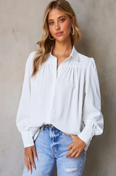 White Button Up Puff Sleeve