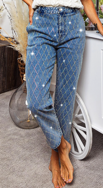 Diamond Pattern Rhinestone Denim Jeans