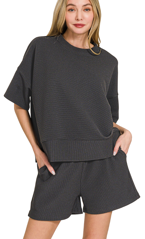 Black Ribbed Waist Banded Tee & Shorts Set