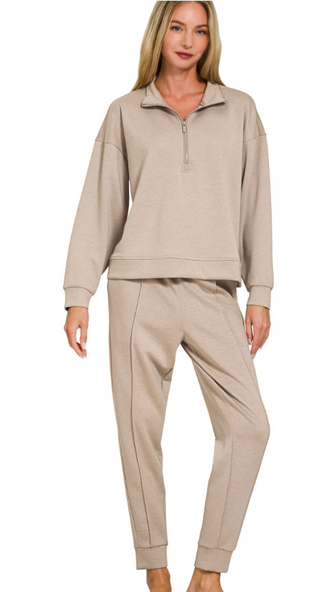 Ash Mocha Scuba half zip pullover & jogger set