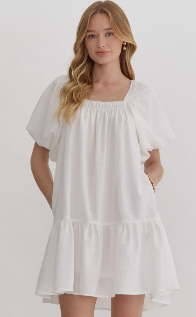 White Bubble Sleeve Dress