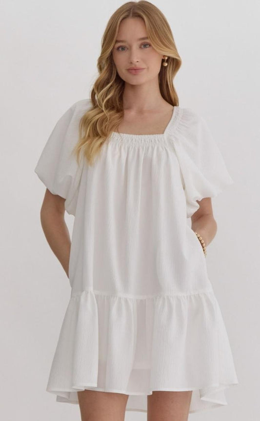 White Bubble Sleeve Dress