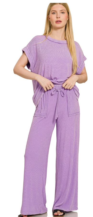 Ribbed Acid Wash Rayon Top and Pants Set