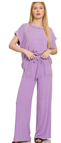 Ribbed Acid Wash Rayon Top and Pants Set