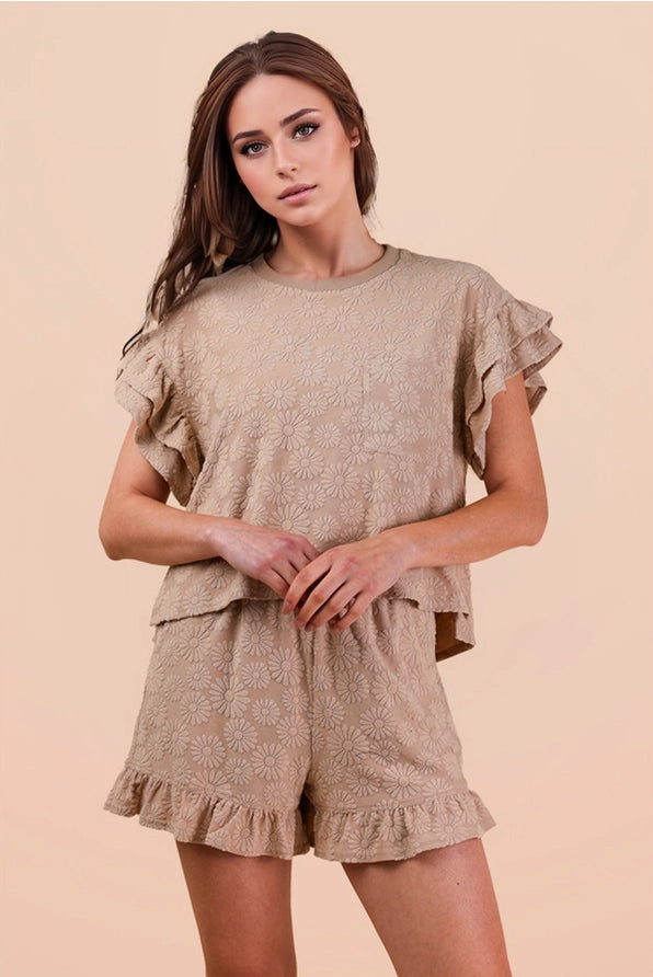 Taupe Ruffle/Flower Short Set