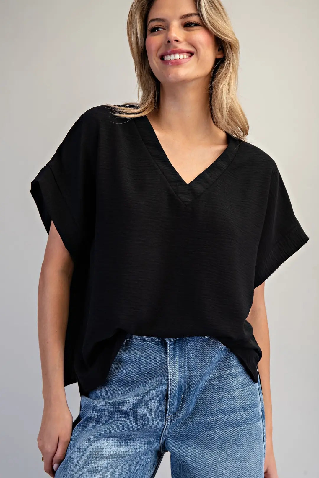 Solid V-Neck Short Sleeve Blouse