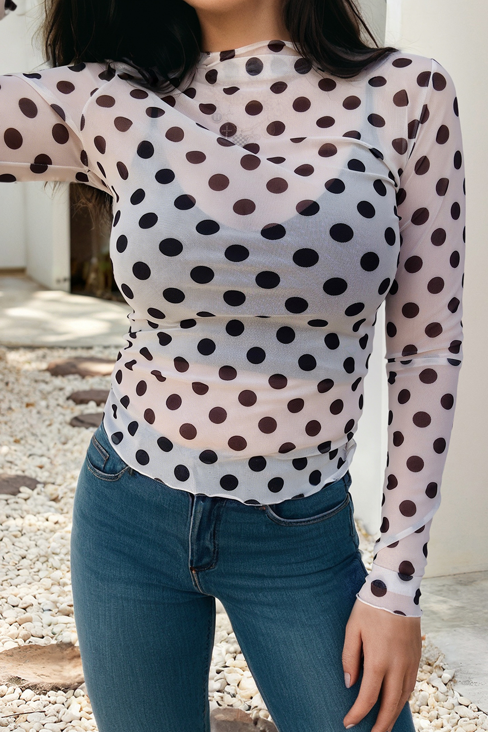 Stand Neck Polka Dot Long Sleeve Blouse