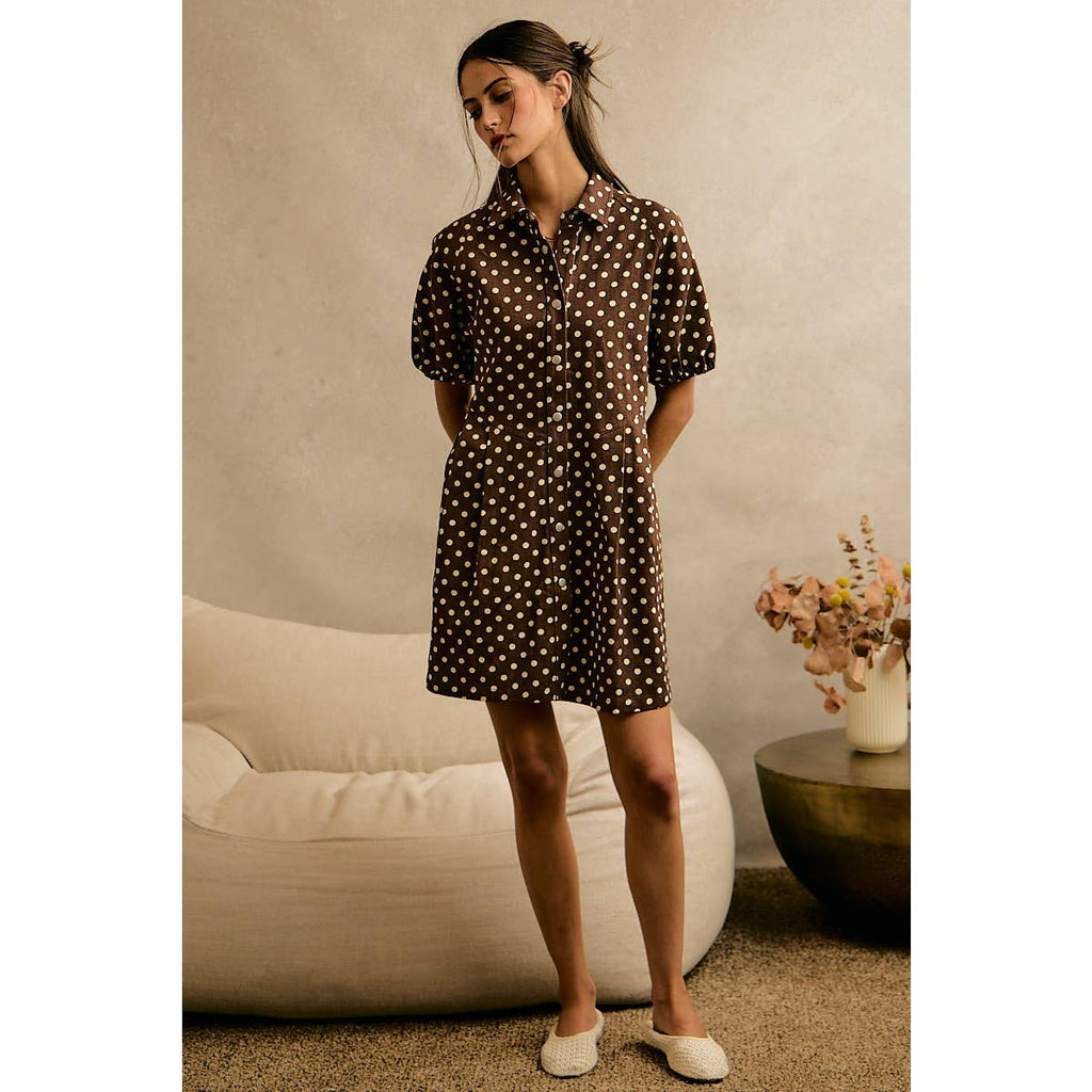 POLKA DOT TWILL PUFF-SLEEVE MINI DRESS